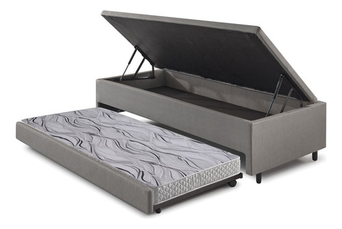 B&G Bicama Box Baú Solteirão Courino Linho Cinza 96x203 com Colchão Auxiliar Ecoflex