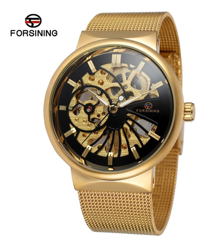 Reloj Forsining Mecanico De Lujo Dorado En Acero Skeleton 