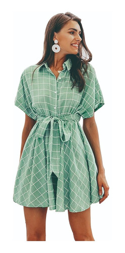 Lindo Vestido Casual Vintage Corto Verde Cuadros Manga Corta