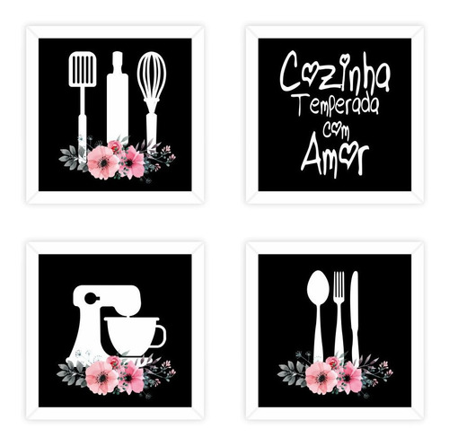 Kit 4 Quadrinhos Cantinho Do Café 15x15cm Com Moldura