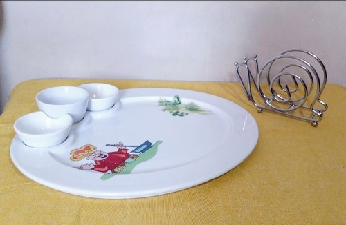 Plato De Porcelana Pasapalos Gde.+ Posillos + Servilletero