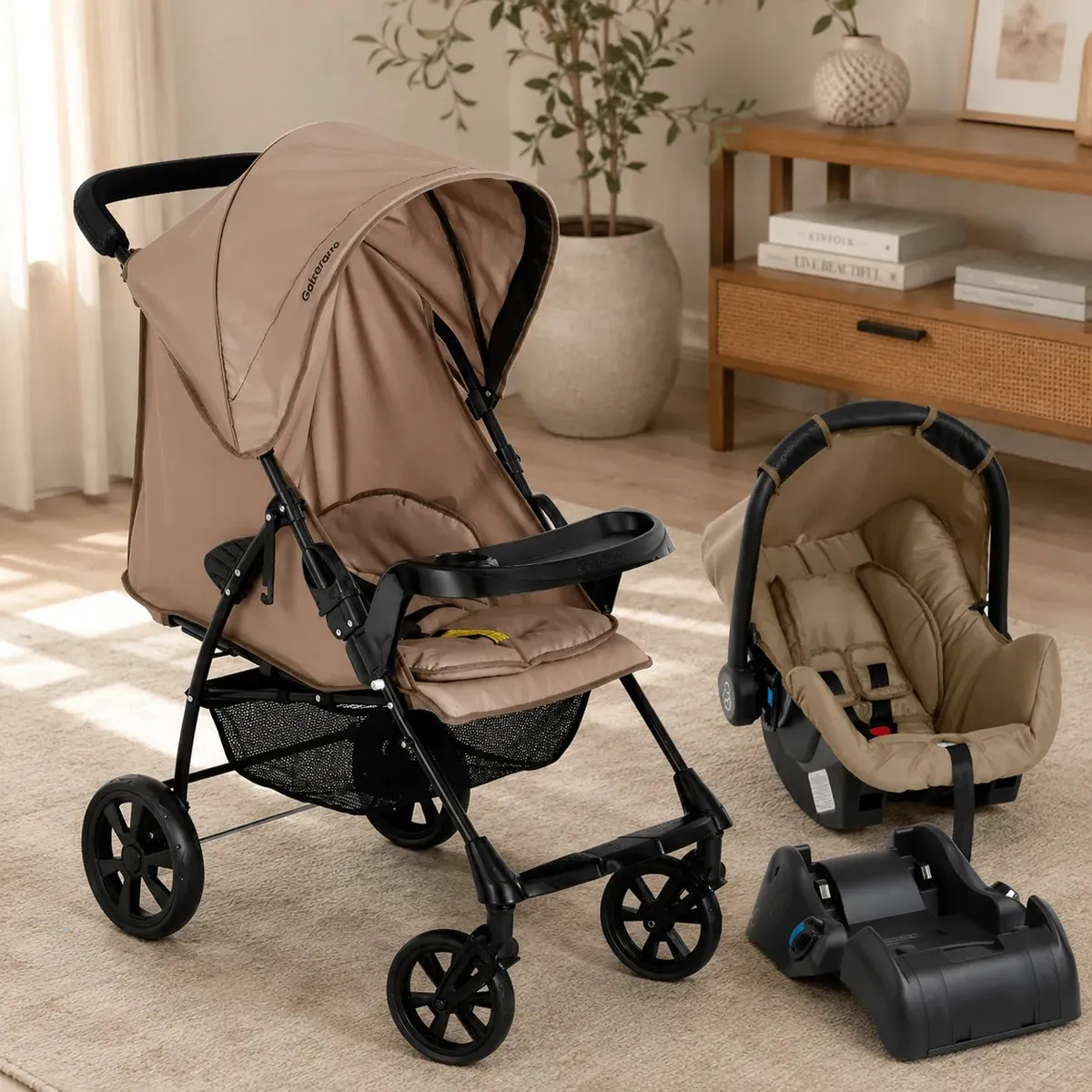Carrinho de Bebe com Bebe Conforto Toffee e Base Galzerano Romano G22 Toffee Carrinho de Bebe Passeio 22Kg