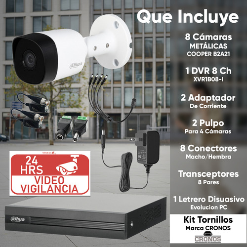 Kit videovigilancia cronos 8 cámaras Dahua bala B2A21 metálicas 2mp + Baluns+ accesorios - kit cctv DH-KIT8CH-MET2MP-PLUS6N (dvr dahua XVR1b08-i circuito cerrado)