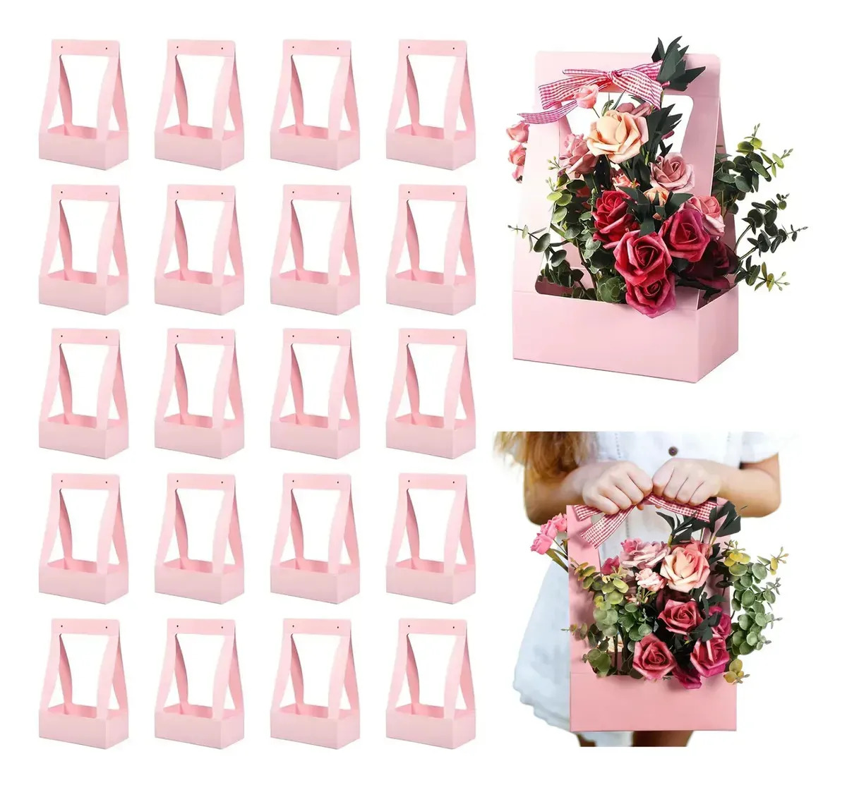 20 Cajas Para Ramos De Flores Con Asa Portátil, Empaque Floral De Papel Ecológico, Impermeable, Para Arreglos Florales, Floristerías, Bodas, Cumpleaños, San Valentín.rosa Sólido
