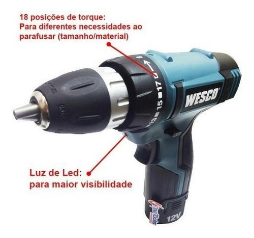 Furadeira parafusadeira sem fio de 10mm Wesco WS2532 12V + acessório 110V/220V
