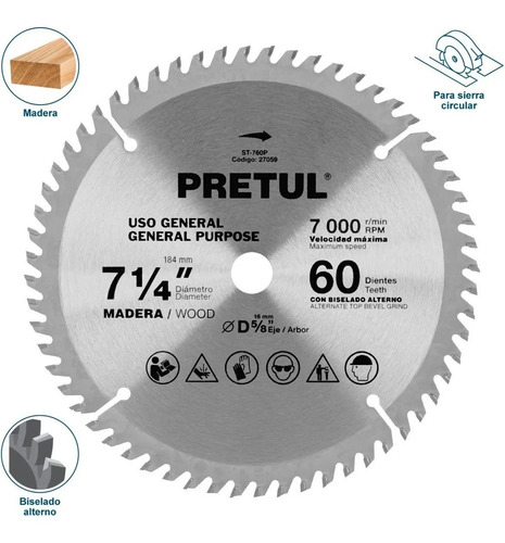 Disco Sierra P/madera 7-1/4 60 Dientes C 5/8 Pretul 27059