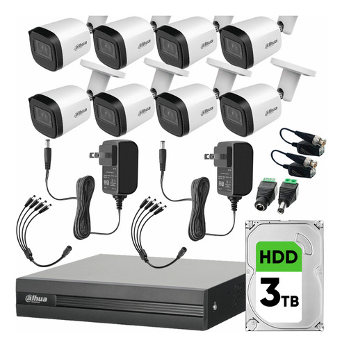 Kit Videovigilancia Cronos 8 Cámaras Dahua Bala B2A51 Metálicas 5Mp Hdd 3Tb Baluns Accesorios Kit Cctv Dh-Kit-Met5Mp-Plus7N Dvr Dahua Xvr1B08-I Circuito Cerrado