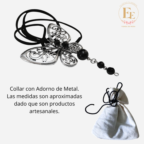 Collar Gargantilla Con Lazo Mariposa Y Piedra Onix Colgantes Plateado