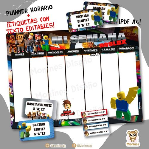 Etiquetas Escolares + Planner Horario Roblox Imprimible