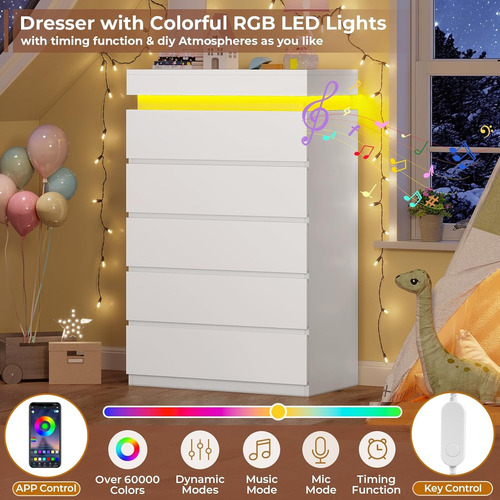 Haumous Cómoda Alta De 5 Cajones Con Luz Led Blanco