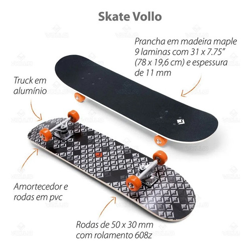 Kit Skate Pro Maple Rolamento + Proteção + Capacete Vollo
