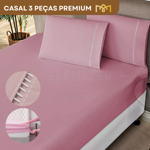 Jogo De Cama Casal Padrão C/ Elástico 3 Peças 400 Fios Fronha Ponto Palito Toque Suave E Macio Cor Rose
