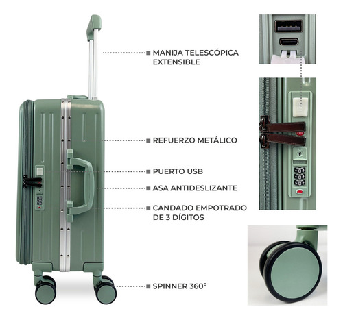 Valija Carry On Cabina Avion Equipaje De Mano 20 Rígida 8032 Verde