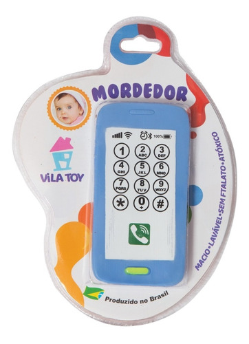Mordedor Celular Smartphone Azul Bebê Macio Lavável Vila Toy
