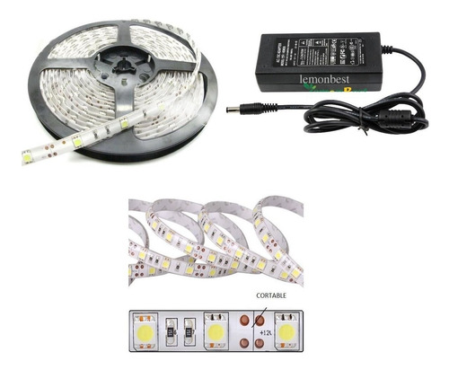 Tira Led 5050 Blanco Frio Fuente Autoadhesiva Rollo 5 Metros