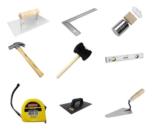 Kit Pedreiro Profissional Colher Nível Prumo Trena Esquadro