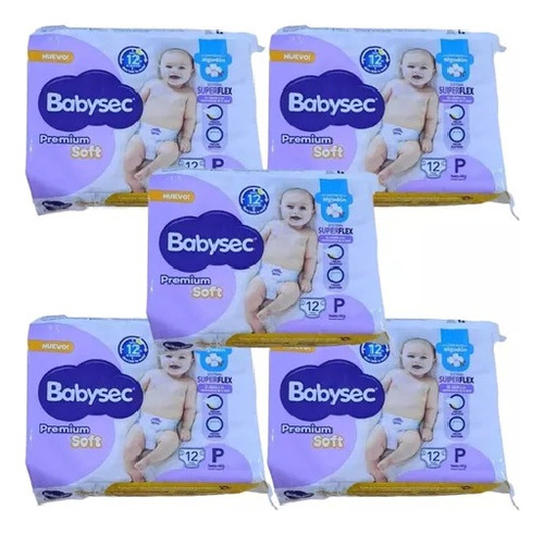5 Packs Babysec Premium Soft Px12u Pañales Tamaño Pequeño P