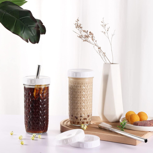 2 Pcs 24oz Glass Cups Set, Mason Jar Drinking Glasses Wit...