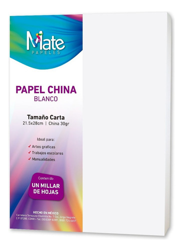 Mate | Papel China Blanco 30 G | Tamaño Carta | 1000 Hojas