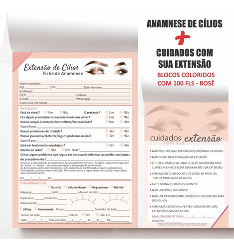 Imagem 1 de 5 de Ficha Anamnese Extensão Cílios E Bloco Cuidado Cliente C/100