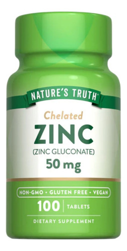 Nature's Truth Suplemento de Gluconato de Zinc Pote con 100 tabletas 50 mg por cada tableta para 3 meses Sabor Neutro