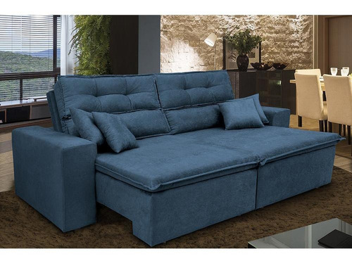 Sofá Cairo 2,92m Retrátil, Reclinável Tecido Suede Azul Cama inBox