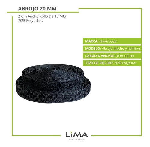 Abrojo Velcro 20 Mm / 2 Cm Ancho Rollo De 10 Mts 70% Nylon