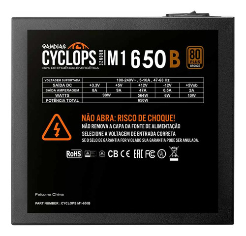 Fonte 650w Gamdias Cyclops M1-650b, 80 Plus Bronze Pfc Ativo