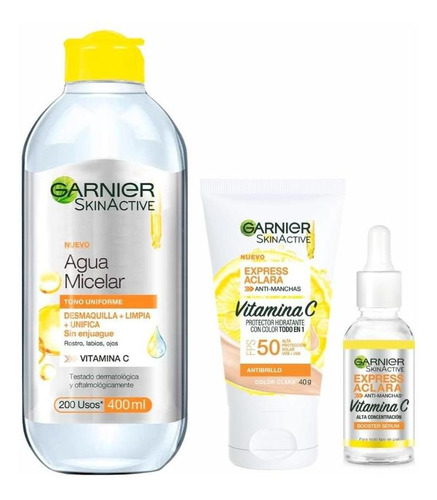 Pack Garnier Express Aclara: Crema 40gr+serum +agua Micelar