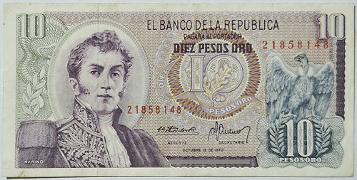 Billete 10 Pesos 12/oct/1970 Colombia Xf