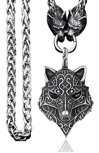 Collar Acero Inoxidable Color Plata Vikingo Lobo Odin Hombre