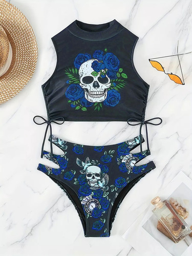 Bikini De Dos Piezas Con Cordón Floral Para Mujer Azul Xl