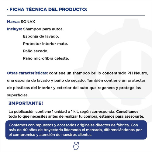Imagen 2 de 9 de Kit Lavado Autos Sonax Ext/inter Shampoo + Esponja + Otros.
