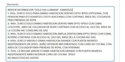 Habitaciones Surco Y La Molina (350,440, 490, 600, 700)opciones. Con-sin Amoblado/ Con-sin Area De Cocina/ Solo Para Damas Y Par Ambos/ Con-sin Baño Privad/ Con Ingreso Independiente O Interior Dpto