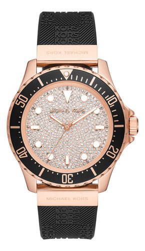 Reloj de pulsera Michael Kors MK7358, analógico, para mujer, fondo blanco, con correa de silicona color negro, bisel color rosa y hebilla doble