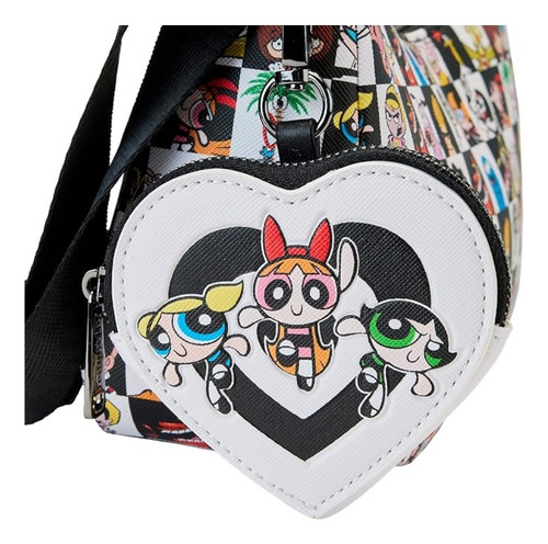 Bolsa de ombro Loungefly Cartoon Network Retro Collage com acabamento em hardware metálico, cor branca, alça de ombro, design de tecido estampado em preto