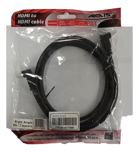 Imagen 2 de 4 de Cable Hdmi Axxis Certificado Puntas Angulares 2 Metros 6 Pie