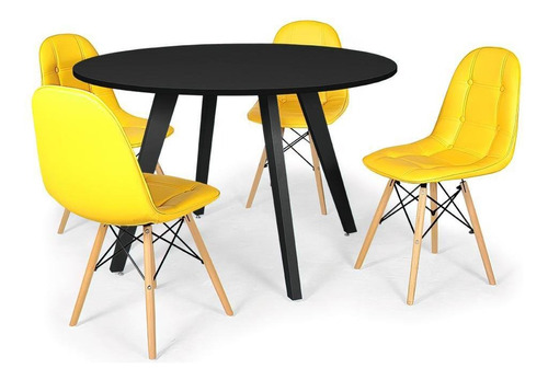 Mesa De Jantar Amanda Preta 120cm + 4 Cadeiras Botonê Cor Amarelo