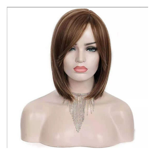 Conjunto Três Peças De Peruca De Cabelo Curto E Liso Natural Tamanho Da Base One Size Tonalidade Castanho Escuro