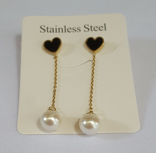 Aretes Largos De Acero Inoxidable Corazón Negro Perla Cadena (Usado)