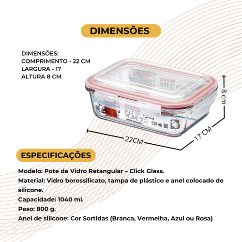 Kit 4 Potes De Vidro Retangular Hermético Com Travas 1040ml