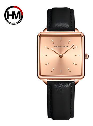 Relógios de quartzo quadrado simples Hannah Martin, cor da pulseira: preto, cor de fundo, rosa