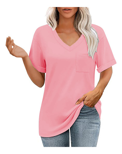 Top Casual De Verano De Manga Corta Con Cuello En V De Color