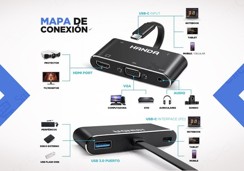 Adaptador Usb C Hdmi Vga Audio 3.0 Usb Carga 5 En 1 Mhl Otg Color Negro