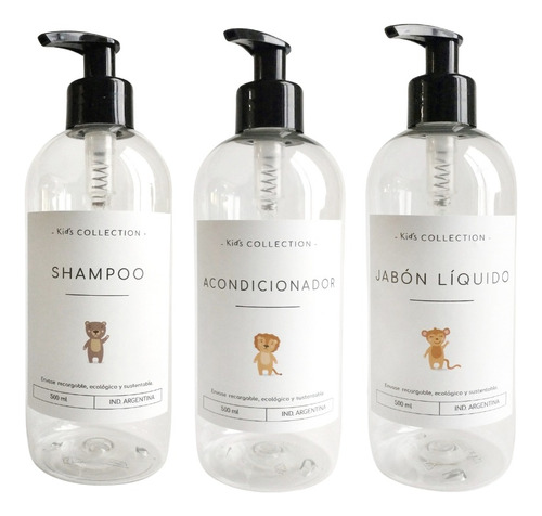 Set 3 Dispenser P/niños Plastico Shampoo+acon+jabon Liquido