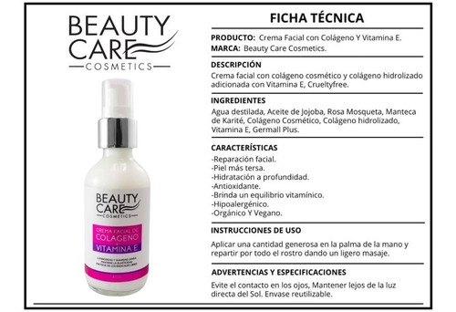Imagen 3 de 4 de Crema Facial Colágeno Puro Y Vitamina E 60ml Beauty Care