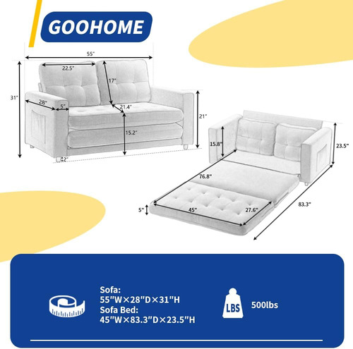 Goohome Sofá Futón Tapizado 3 En 1, Sofá Cama Convertible De