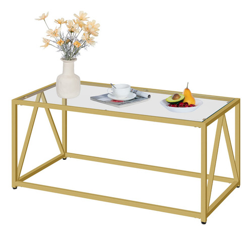 Mesa De Centro Dorada De Cristal Moderna Para Sala 100x50x45