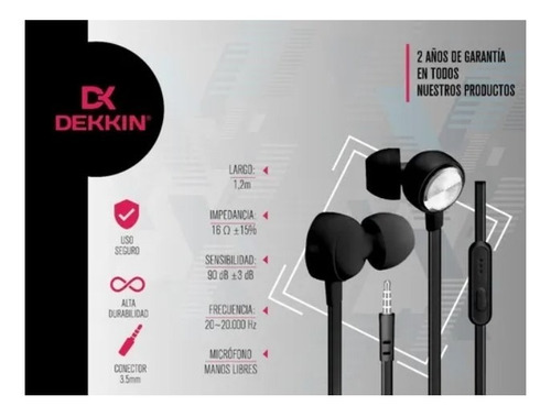 Imagen 3 de 4 de Auriculares In-ear Dekkin Con Micrófono 3.5 Mm Negro