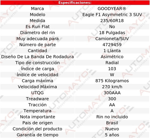 Llanta Eagle F1 Asymmetric 3 Suv Goodyear 235/60r18 103w
